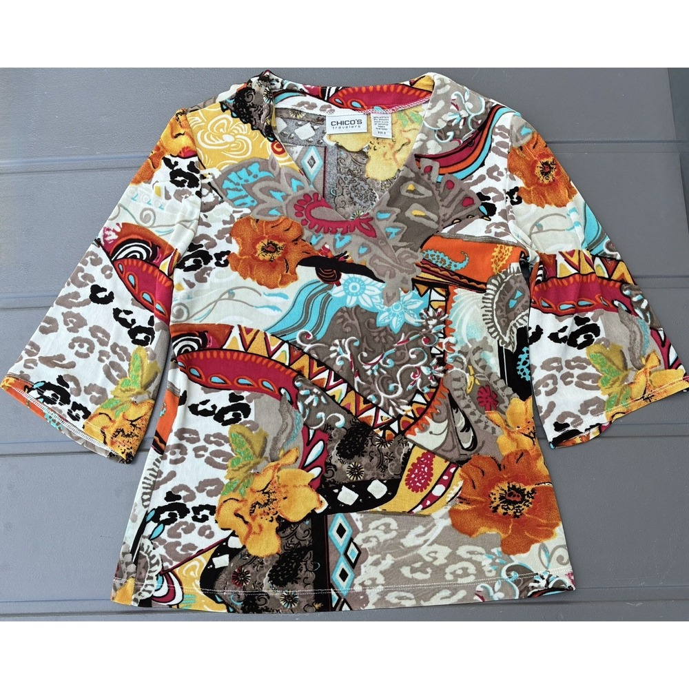 Chico's Blouse Womens 0 XS Multicolor Floral Travelers V Neck 3/4 Sleeve Top